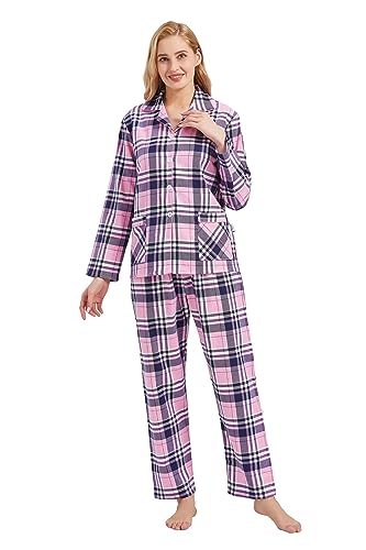 GLOBAL Schlafanzüge Damen Flanell | Baumwolle Damen Pyjama Set | Zweiteiliger Nachtwäsche Damen Pjs Set Lang | Knopfleiste vorne und Kordelzug | Rosa/Blau,Kariert XXL von GLOBAL