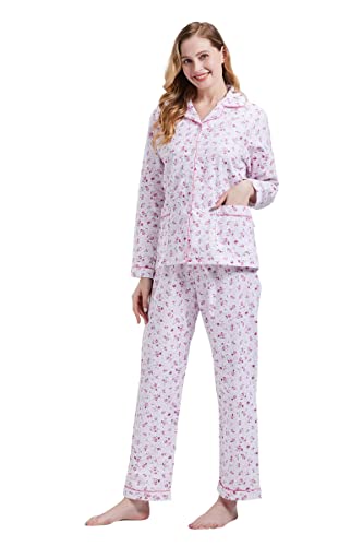 GLOBAL Schlafanzüge Damen Flanell | Baumwolle Damen Pyjama Set | Zweiteiliger Nachtwäsche Damen Pjs Set Lang | Knopfleiste vorne und Kordelzug |Rosa Blume der Fantasie XXL von GLOBAL