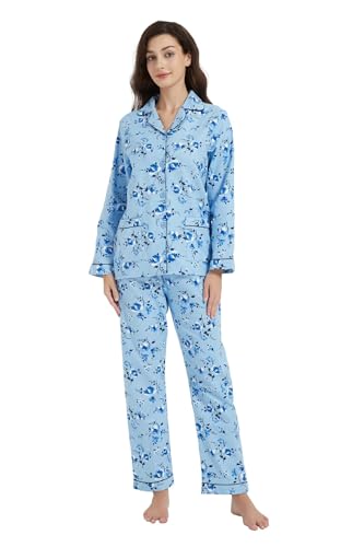 GLOBAL Damen Pyjama Set Zweiteilig Rosa Blumen Lang Flanell Baumwolle Pyjama Damen Nachtwäsche Pjs Set L von GLOBAL