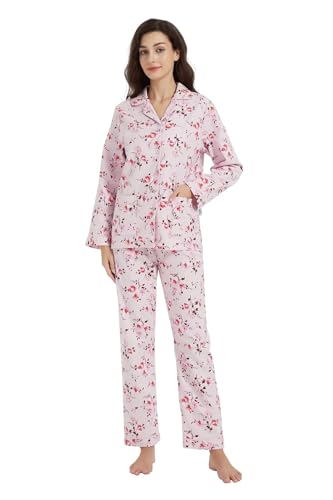 GLOBAL Schlafanzüge Damen Flanell Baumwolle Damen Pyjama Set Zweiteiliger Nachtwäsche Damen Pjs Set Lang Knopfleiste vorne und Kordelzug Rosa Blumen L von GLOBAL
