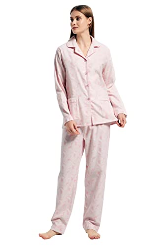 GLOBAL Schlafanzüge Damen Flanell | Baumwolle Damen Pyjama Set | Zweiteiliger Nachtwäsche Damen Pjs Set Lang | Knopfleiste vorne und Kordelzug | Rosa Paisley M von GLOBAL