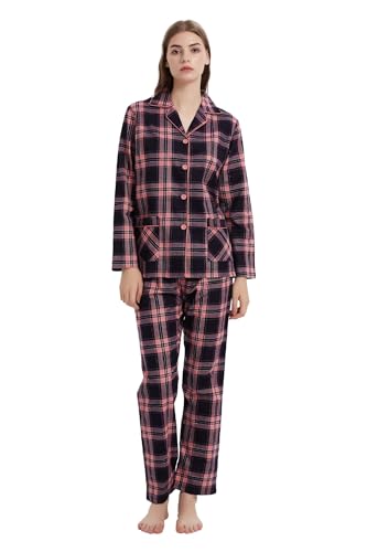 GLOBAL Schlafanzüge Damen Flanell Baumwolle Damen Pyjama Set Zweiteiliger Nachtwäsche Damen Pjs Set Lang Knopfleiste vorne und Kordelzug Rosa blaues kariert XL von GLOBAL