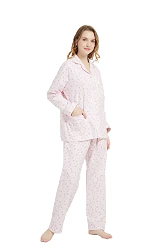 GLOBAL Schlafanzüge Damen Flanell | Baumwolle Damen Pyjama Set | Zweiteiliger Nachtwäsche Damen Pjs Set Lang | Knopfleiste vorne und Kordelzug |Rosa süße Blumen M von GLOBAL