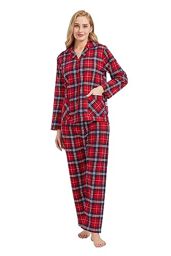 GLOBAL Schlafanzüge Damen Flanell | Baumwolle Damen Pyjama Set | Zweiteiliger Nachtwäsche Damen Pjs Set Lang | Knopfleiste vorne und Kordelzug | Rot/Blau/Weiß,Kariert L von GLOBAL