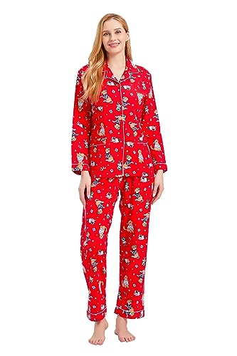 GLOBAL Schlafanzüge Damen Flanell | Baumwolle Damen Pyjama Set | Zweiteiliger Nachtwäsche Damen Pjs Set Lang | Knopfleiste vorne und Kordelzug | Rot，Haustie Hund S von GLOBAL