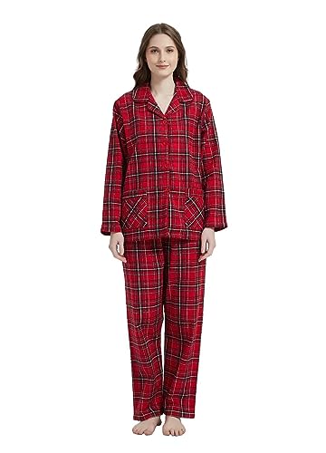 GLOBAL Schlafanzüge Damen Flanell | Baumwolle Damen Pyjama Set | Zweiteiliger Nachtwäsche Damen Pjs Set Lang | Knopfleiste vorne und Kordelzug | Rot/Weiß/Schwarz, Kariert L von GLOBAL