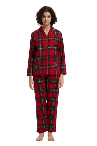 GLOBAL Schlafanzüge Damen Flanell Baumwolle Damen Pyjama Set Zweiteiliger Nachtwäsche Damen Pjs Set Lang Knopfleiste vorne und Kordelzug Rot kariert 3XL von GLOBAL