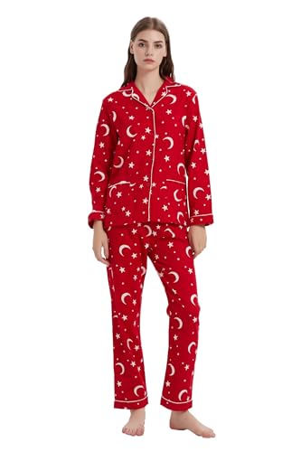 GLOBAL Damen Pyjama Set Zweiteilig Lang Flanell Baumwolle Pyjama Damen Pjs Set Rot Sterne Monde M von GLOBAL