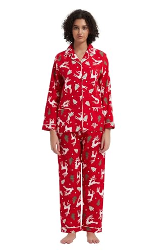 GLOBAL Schlafanzüge Damen Flanell Baumwolle Damen Pyjama Set Zweiteiliger Nachtwäsche Damen Pjs Set Lang Knopfleiste vorne und Kordelzug Rotes, weißes Weihnachtsrentie M von GLOBAL