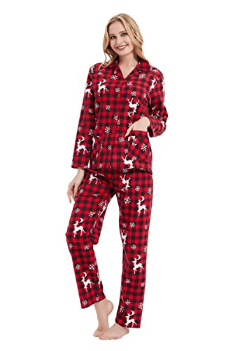 GLOBAL Schlafanzüge Damen Flanell | Baumwolle Damen Pyjama Set | Zweiteiliger Nachtwäsche Damen Pjs Set Lang | Knopfleiste vorne und Kordelzug |Weihnachts Rotes Plaid XXL von GLOBAL