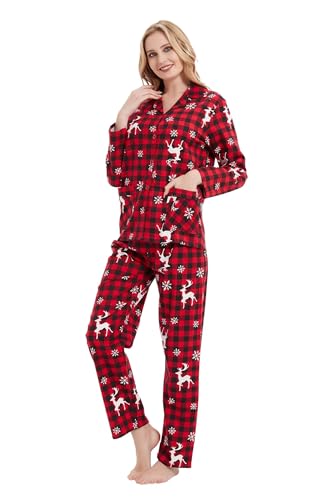 GLOBAL Schlafanzüge Damen Flanell | Baumwolle Damen Pyjama Set | Zweiteiliger Nachtwäsche Damen Pjs Set Lang | Knopfleiste vorne und Kordelzug |Weihnachts Rotes Plaid XXL von GLOBAL