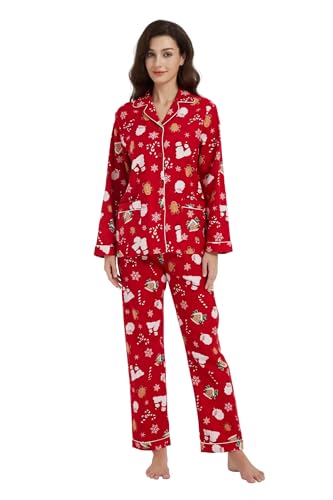 GLOBAL Schlafanzüge Damen Flanell Baumwolle Damen Pyjama Set Zweiteiliger Nachtwäsche Damen Pjs Set Lang Knopfleiste vorne und Kordelzug Weihnachtskeks-Lebkuchenmänne L von GLOBAL