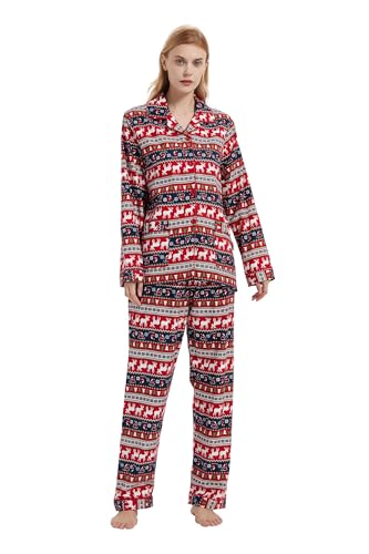 GLOBAL Schlafanzüge Damen Flanell | Baumwolle Damen Pyjama Set | Zweiteiliger Nachtwäsche Damen Pjs Set Lang | Knopfleiste vorne und Kordelzug | Weihnachtspyjama-1,S von GLOBAL