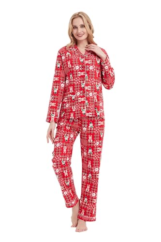 GLOBAL Schlafanzüge Damen Flanell | Baumwolle Damen Pyjama Set | Zweiteiliger Nachtwäsche Damen Pjs Set Lang | Knopfleiste vorne und Kordelzug | Weihnachtspyjama-2,M von GLOBAL