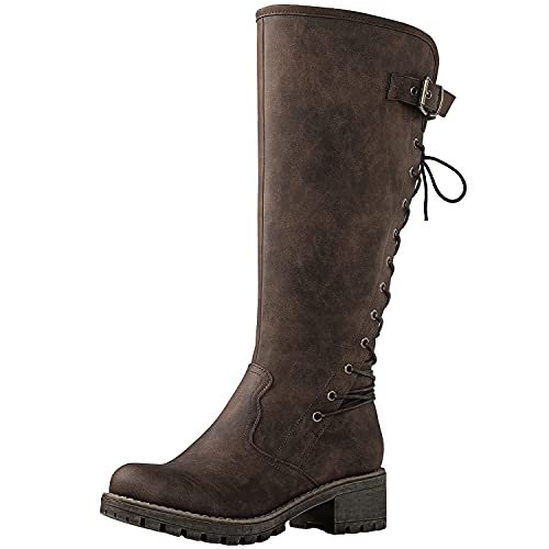 GLOBALWIN Damen Schnürstiefel Kniehohe Reitstiefel Combat Boots Bequeme Gothic Motorradstiefel für Frauen mit Reißverschluss Chunky Heel, 19 Jahre / 29 cm Braun, 39 EU von GLOBALWIN