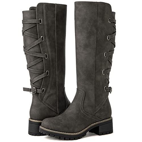 GLOBALWIN Frauen Strappy Motorrad Knie Hohe Stiefel, Breite Wade Reitstiefel Zurück Lace Up Herbst Winter Mode Knie Hohe Stiefel Für Frauen, 22yy07 Grau, 38 EU von GLOBALWIN