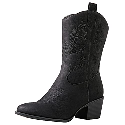 GLOBALWIN Western-Cowgirl-Stiefel für Damen, mittelhoch, modische Cowboystiefel für Damen, klobiger niedriger Absatz, 19yy17black, 38.5 EU von GLOBALWIN