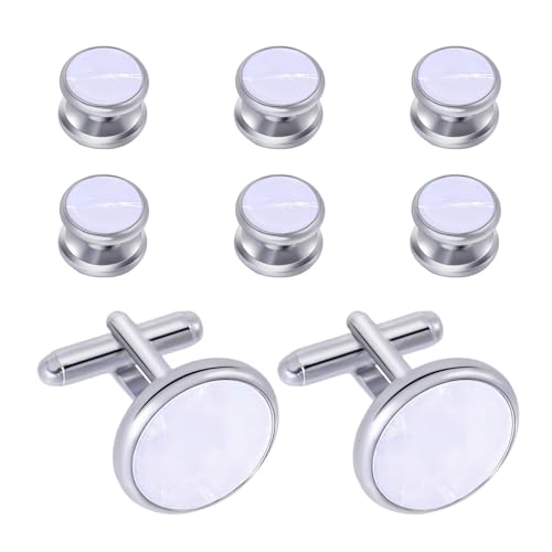 GLOBLELAND 2 Manschettenknöpfe Und 6 Manschettenknöpfe Set Für Herren Aus Messing Mit Weißen Muschelmanschettenknöpfen. Smokinghemd Nieten Set Für Regelmäßiges Hochzeits Business Accessoires von GLOBLELAND