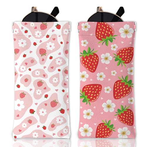GLOBLELAND 2 Stück Art Frucht Weiches Brillenetui Rosa Erdbeere Reise Brillentasche Aus PU Leder Mit Quetschverschluss Tragbare Kratzfeste Sonnenbrillentasche Für Uhren Telefone Make Up Pinsel von GLOBLELAND