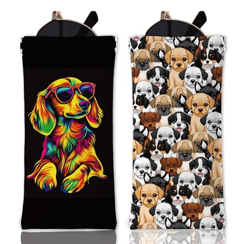 GLOBLELAND 2 Stück Buntes Weiches Brillenetui Mit Dackel Motiv Süße Hunde Reise Brillentasche Aus PU Leder Mit Paisley Muster Tragbares Brillenetui Mit Quetschverschluss Für Uhren Handys von GLOBLELAND