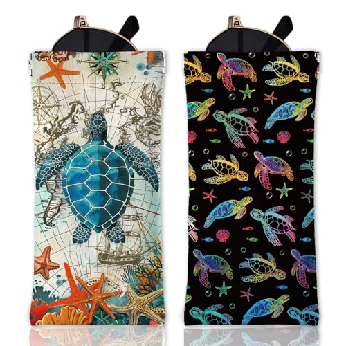 GLOBLELAND 2 Stück Buntes Weiches Brillenetui Mit Schildkrötenmotiv Seestern Ozean Reise Brillentasche Aus PU Leder Mit Quetschverschluss Tragbar Kratzfest Sonnenbrillentasche Für Uhren Telefon von GLOBLELAND