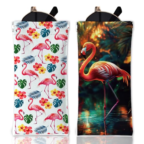 GLOBLELAND 2 Stück Flamingo Brillenetui Weich Mit Monstera Und Hibiskus Motiv Reise Brillentasche Aus PU Leder Paisley Muster Tragbar Mit Quetschverschluss Brillenetui Für Uhren Handys Make Up Pinsel von GLOBLELAND