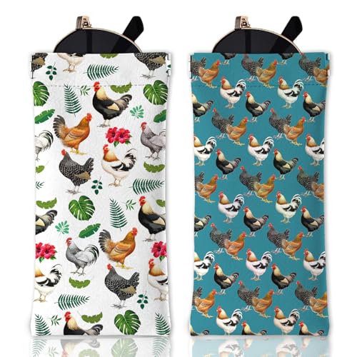 GLOBLELAND 2 Stück Lustiges Weiches Brillenetui Mit Bauernhof Hühnern Tiere Und Pflanzen PU Leder Brillentasche Mit Blumen Und Blättern Quetschverschluss Tragbare Sonnenbrillentasche Für Uhren Handys von GLOBLELAND