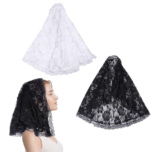 GLOBLELAND 2 Stück Schwarz Weiß Spitzenschleier Rose Spitze Kirchenkapelle Schleier Kopfbedeckung Für Frauen Messe von GLOBLELAND