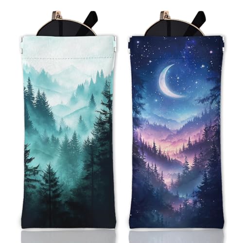 GLOBLELAND 2 Stück Weiches Brillenetui Mit Bergen Sternenhimmel Wald Reise Brillentasche Aus PU Leder Mit Quetschverschluss Halbmond Tragbare Sonnenbrillentasche Für Uhren Handys Make Up Pinsel von GLOBLELAND