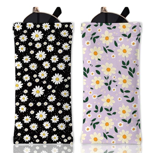 GLOBLELAND 2 Stück Weiches Brillenetui Mit Gänseblümchen Blumen Blumen Pflanzen Reise Brillentasche Aus PU Leder Mit Quetschverschluss Tragbare Kratzfeste Sonnenbrillentasche Für Uhren Handys von GLOBLELAND