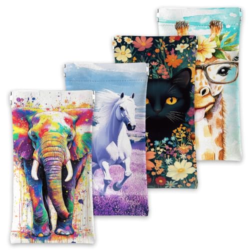 GLOBLELAND 4 Stück Weiches Brillenetui Mit Tiermotiven Giraffe Katze Pferd Elefant Quetschdeckel Brillenetui Reise Sonnenbrillenetui Aus PU Leder Tragbare Sonnenbrillentasche Für Damen Und Herren von GLOBLELAND