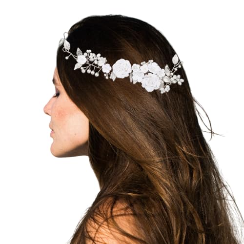 GLOBLELAND Blumen Haarranke Perlen Stirnband Hochzeits Haarschmuck Für Die Braut Silberschmuck Braut Stirnbänder Für Frauen Mädchen Brautjungfern von GLOBLELAND
