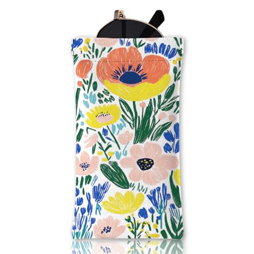 GLOBLELAND Weiches Brillenetui Mit Doodle Blumen Und Pflanzenmotiv Quetschverschluss Reise Sonnenbrillenetui Aus PU Leder Tragbare Sonnenbrillentasche Für Damen Und Herren von GLOBLELAND