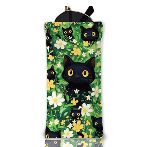 GLOBLELAND Weiches Brillenetui Mit Schwarzer Katze Und Blumen Quetschverschluss Brillenetui Reise Sonnenbrillenetui Aus PU Leder Tragbare Sonnenbrillentasche Für Damen Und Herren von GLOBLELAND