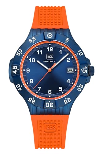 GLOCK Herren Quarz Uhr | 43mm Gehäuse | Armbanduhr mit Blauem Edelstahlgehäuse | Blauem Zifferblatt | Orangenem Silikonarmband | 10ATM | GW-15-8-22 von GLOCK