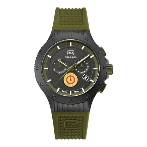 GLOCK Herren Quarz Uhr | 44mm Gehäuse | Armbanduhr mit Schwarzem Titangehäuse | Schwarzem Zifferblatt | Grünem Silikonarmband | 20ATM | GW-27-1-24 von GLOCK