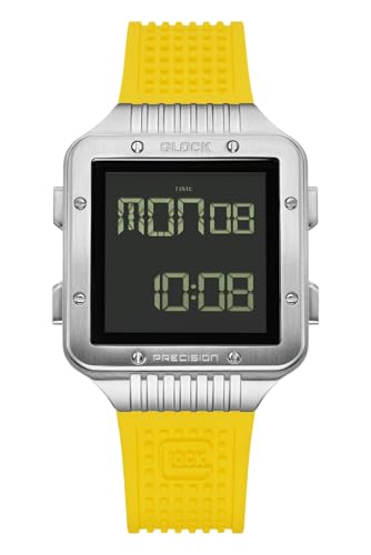 GLOCK Herren Quarz Uhr | 49.5x38.5mm Gehäuse | Armbanduhr mit Silbernem Edelstahlgehäuse | Schwarzem Zifferblatt | Gelbem Silikonarmband | 10ATM | GW-23-1-22 von GLOCK