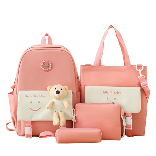 GLOOMALL Kawaii Kinder-Rucksack, ästhetischer Rucksack, niedlicher Teddybär, Schultasche und Umhängetasche, Federmäppchen, Tragetasche, 4 Stück, Rosa von GLOOMALL