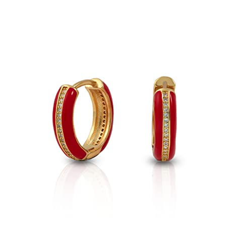 Damen Zarte Ohrringe Creolen mit Emaille und Zirkonia vergoldet 18K Klappcreolen Ohrringe Mädchen Modische Leichte Ohrringe Hypoallergene Huggie Ohrringe Modeschmuck für Frauen und Mädchen(Rot) von GLORIS