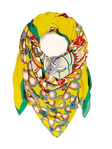 Damen Tuch Schal Gelb Grun mit auffälligem buntes Muster - Halstuch, Kopftücher, Hijab - Perfekt für Frühling Herbst und Winter - viskose 135 * 135 cm. von GLORIS