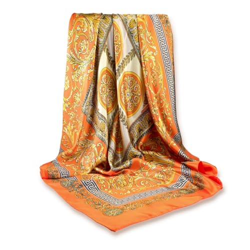 GLORIS Seidenschal Damen 90x90 cm Orange mit Mäanderverzierung Elegante Seidentuch Haare Satintuch Halstuch Seide Bandana Tuch Kopftücher Haare Seide Bandana Tuch Kopftücher Damen Ansatz von GLORIS