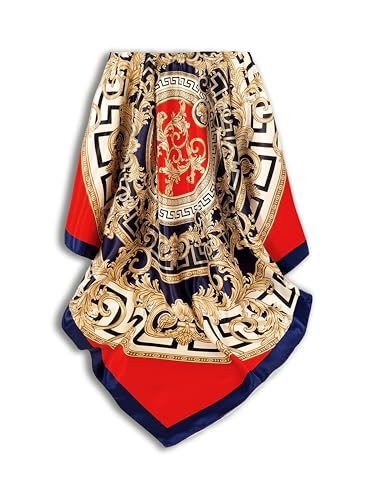 GLORIS Seidenschal Damen 90x90 cm Rot Blau mit Mäanderverzierung Elegante Seidentuch Haare Satintuch Halstuch Tuch Kopftücher Ansatz Haare Seide Bandana Tuch Kopftücher Ansatz von GLORIS