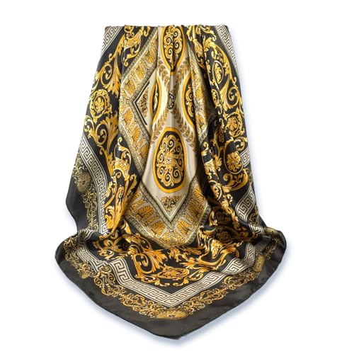 GLORIS Seidenschal Damen 90x90 cm Schwarz mit Mäanderverzierung Elegante Seidentuch Haare Satintuch Halstuch Seide Bandana Tuch Kopftücher Haare Seide Bandana Tuch Kopftücher Damen Ansatz von GLORIS