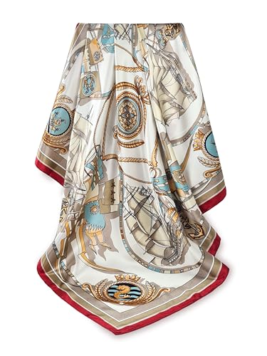 GLORIS Seidenschal Damen Elegante 90x90cm Seidentuch Haare Seidentuch Halstuch Damen Seide Elegant Satintuch Halstuch Bandana Tuch Kopftücher Ansatz Scarf (White Red Sea Print) von GLORIS