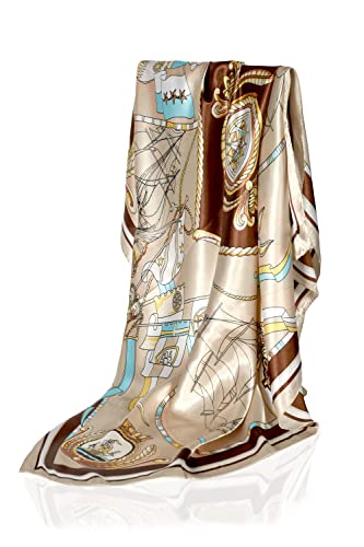 GLORIS Seidenschal Damen Elegante 90x90cm Seidentuch Haare Seidentuch Halstuch Damen Seide Elegant Satintuch Halstuch Bandana Tuch Kopftücher Ansatz Scarf Bandana (Beige Sea Print) von GLORIS