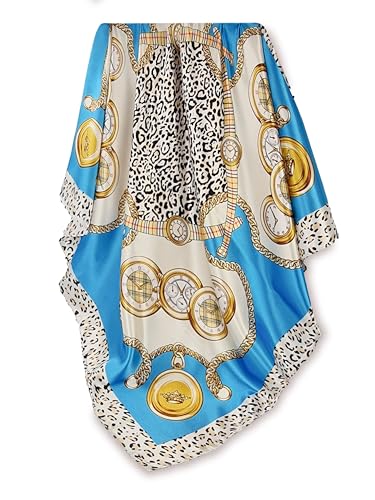 GLORIS Seidenschal Hellblau mit Leopardenmuster 0x90cm Damen Elegante Seidentuch Haare Seidentuch Halstuch Satintuch Halstuch Bandana Tuch Kopftücher Damen Ansatz Scarf (Leo Blau) von GLORIS