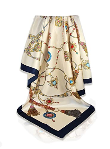 New Seidenschal Damen 90x90cm Weiß mit blauem Rand Elegante Seidentuch Haare Seidentuch Halstuch Damen Elegant Satintuch Halstuch Seide Bandana Tuch Kopftüch Ansatz Scarf von GLORIS