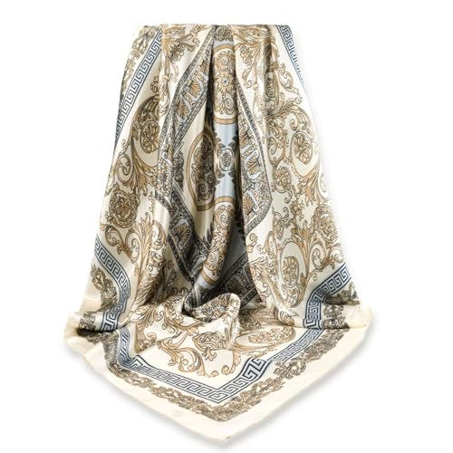 Seidenschal Damen 90x90 cm Weiß Grau mit Mäanderverzierung Elegante Seidentuch Haare Satintuch Halstuch Tuch Kopftücher Ansatz Haare Seide Bandana Tuch Kopftücher Ansatz von GLORIS