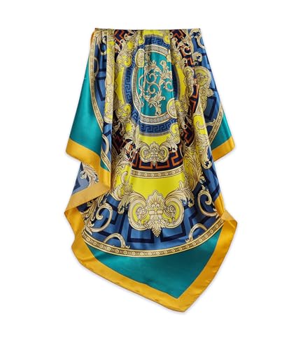 Seidenschal Damen Elegante 90x90cm Seidentuch Haare Seidentuch Halstuch Damen Seide Elegant Satintuch Halstuch Seide Bandana Tuch Kopftücher Ansatz Scarf (Mäander Blau Gelb) von GLORIS