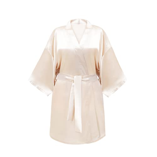 GLOV Bademantel Damen Pyjama Damen Satin Kimono Morgenmantel Schlafanzug Kurz mit Gürtel Leicht Bride Morgenmantel Braut Bathrobe V-Ausschnitt für Hochzeit Brautjungfern Einheitsgröße (Beige) von GLOV